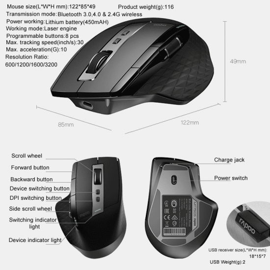 เมาส์ MOUSE Rapoo MT750S Multi-mode Wireless Mouse Black Bluetooth 3.0/4.0 2.4GHz (MT750s-BK)(18670) สามารถออกใบกำกับภาษีได้