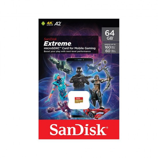 MEMORY MICRO SD SANDISK 64 Gb Extreme 4K Ultra HD A2 for Mobile Gaming Read160Mb/s,Write60Mb/s (SDSQXA2-064G-GN6GN)